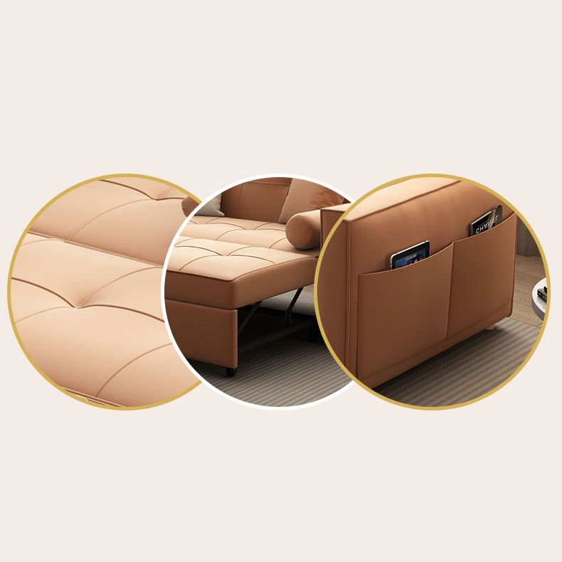 Faux Leather Convertible Sofa Bed with Pillows in Orange for Apartment