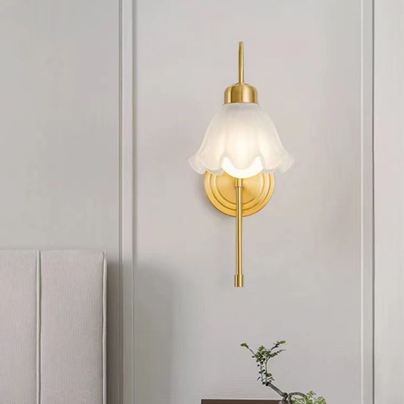 Modern Metal Wall Sconce Flower Shape Wall Light with Glass Shade for Bedroom in Gold
