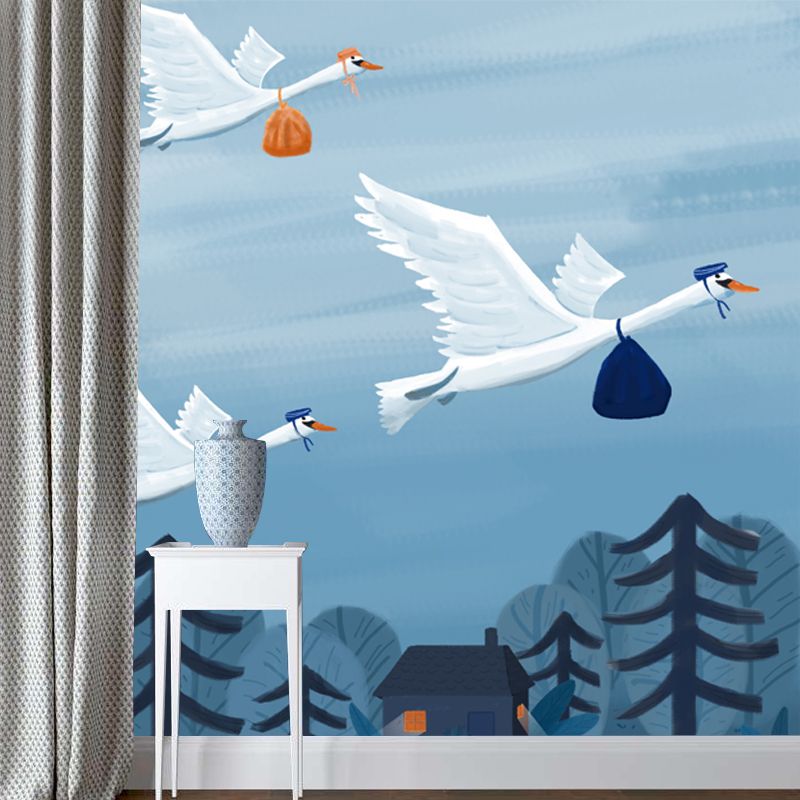 Blue-White Bird Migration Mural Stain Resistant Cartoon Kids Bedroom Wall Covering
