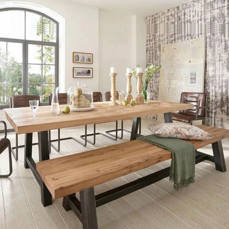 Solid Wood Top Dining Table Industrial Rectangle Table with Trestle Base in Black