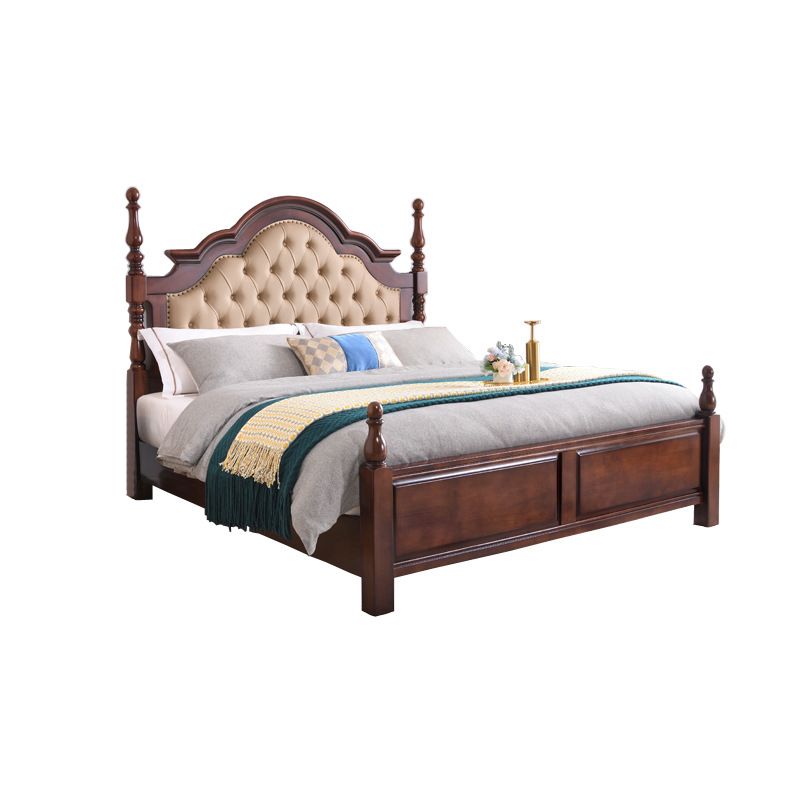Brown Wood King Bed Tufted Nailhead Upholstered Bed Frame with Headboard