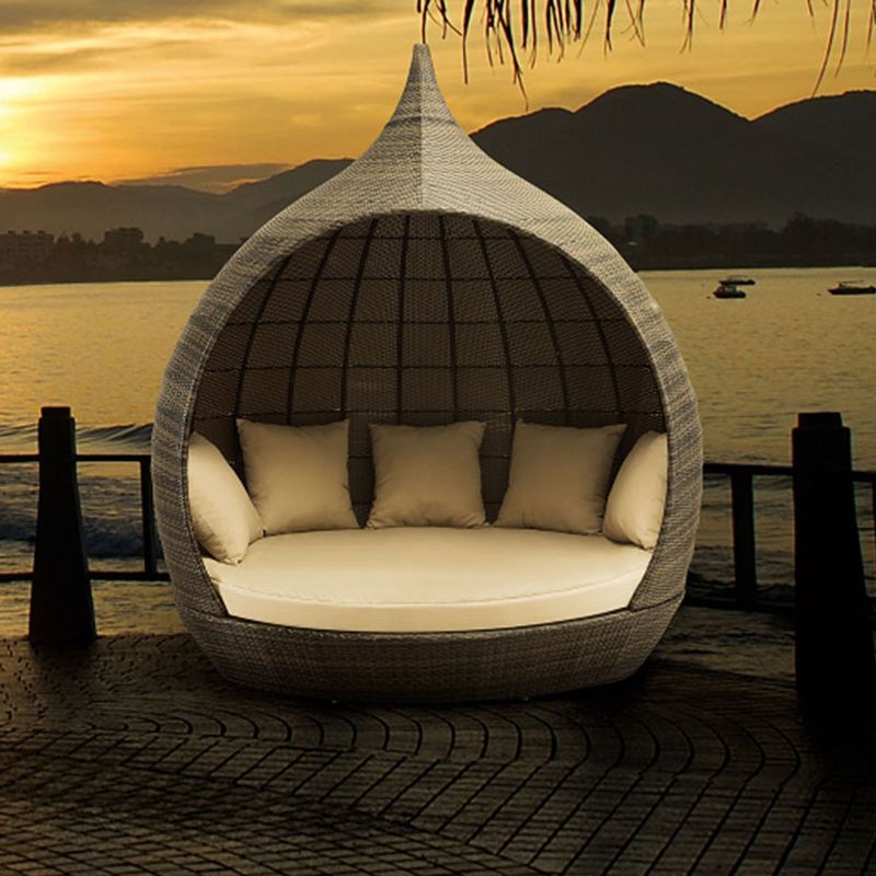 Tropical Grey Rattan Patio Daybed with Canopy Symmetrical Sofa