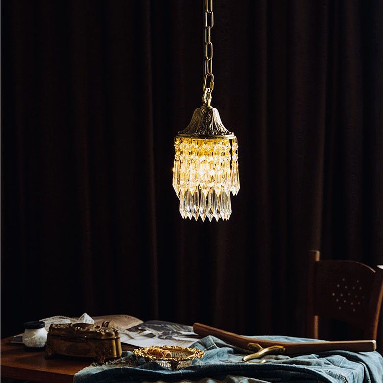 Vintage Wind Chime Crystal Pendant Lamp Golden Relief Crown Hanging Light for Bedroom