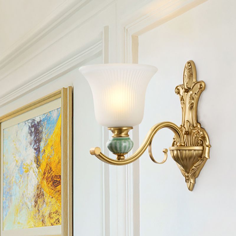 Modern Style Bell Wall Mount Light 1/2-Bulb Frosted Glass Wall Light with Golden Curved Arm and Ceramic Deco