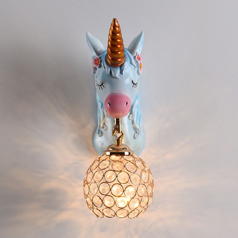 Cartoon Unicorn Wall Mount Light Resin Bedside Wall Lighting with Hollowed out Globe Shade