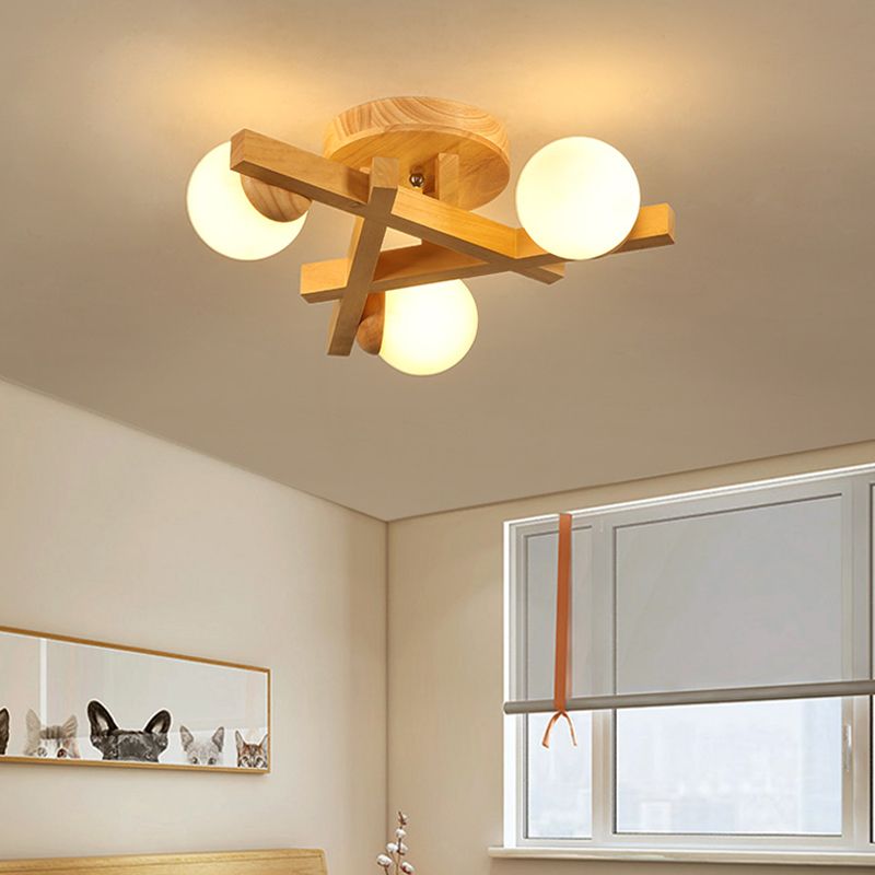 Luminaire semi-encastré en bois moderne, lampe semi-encastrée à plusieurs têtes pour chambre à coucher avec abat-jour en verre globe