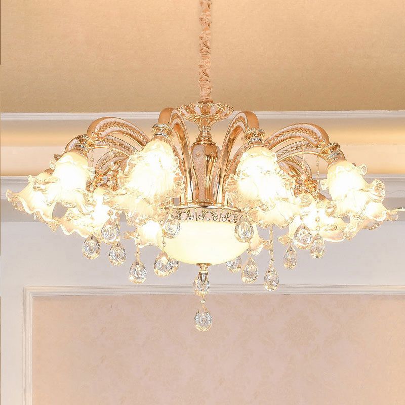 Ribbed Glass Ruffled Flower Suspension Light Retro Living Room Chandelier Light with Crystal Draping in Gold