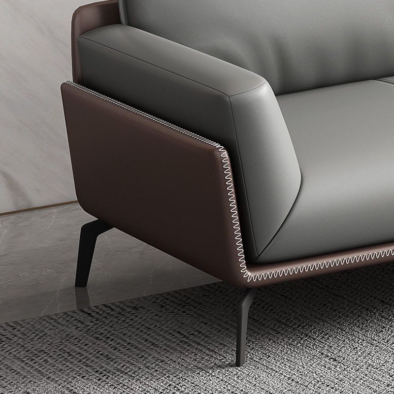 Modern Style Gray Leather Sofa Flared Arm Loose Back Sofa with Pillows