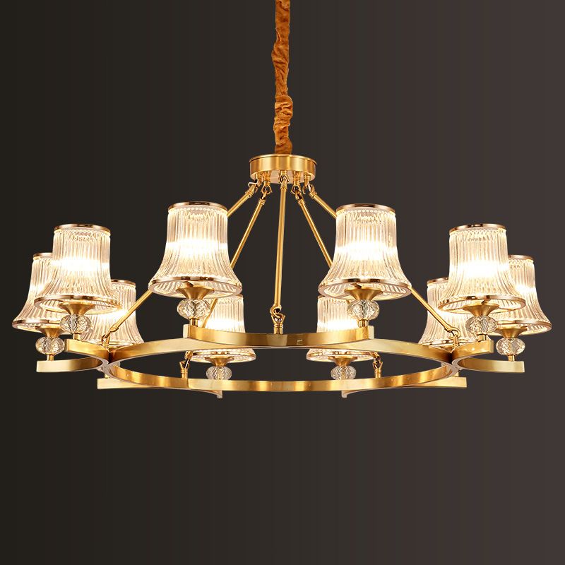 Brass Flared Chandelier Vintage Clear Rib Glass Living Room Suspension Pendant Light