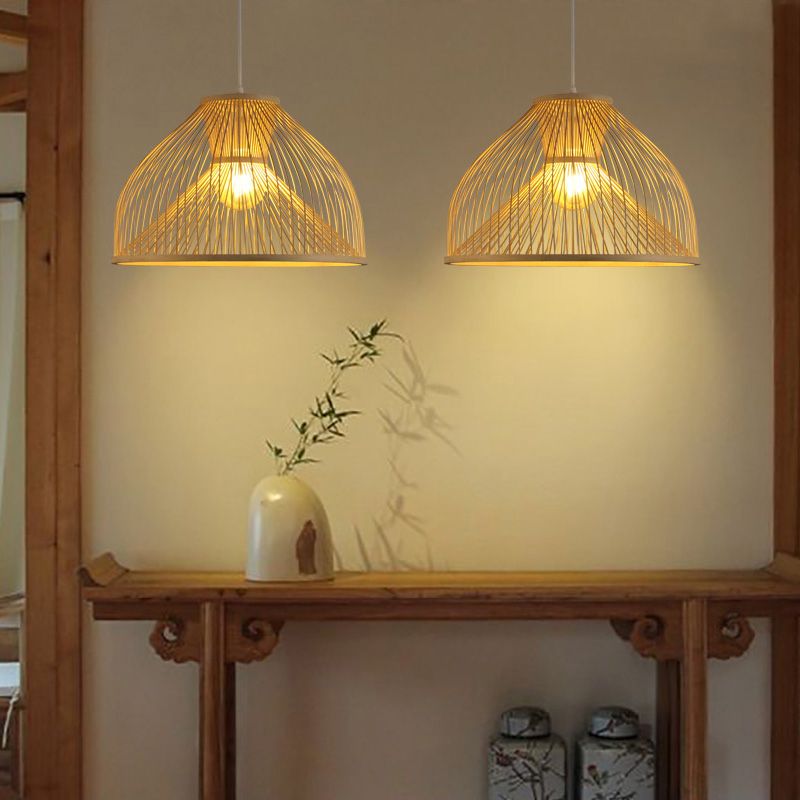 Bamboo Dome Suspension Pendant Light Contemporary 1 Head Wood Hanging Ceiling Light