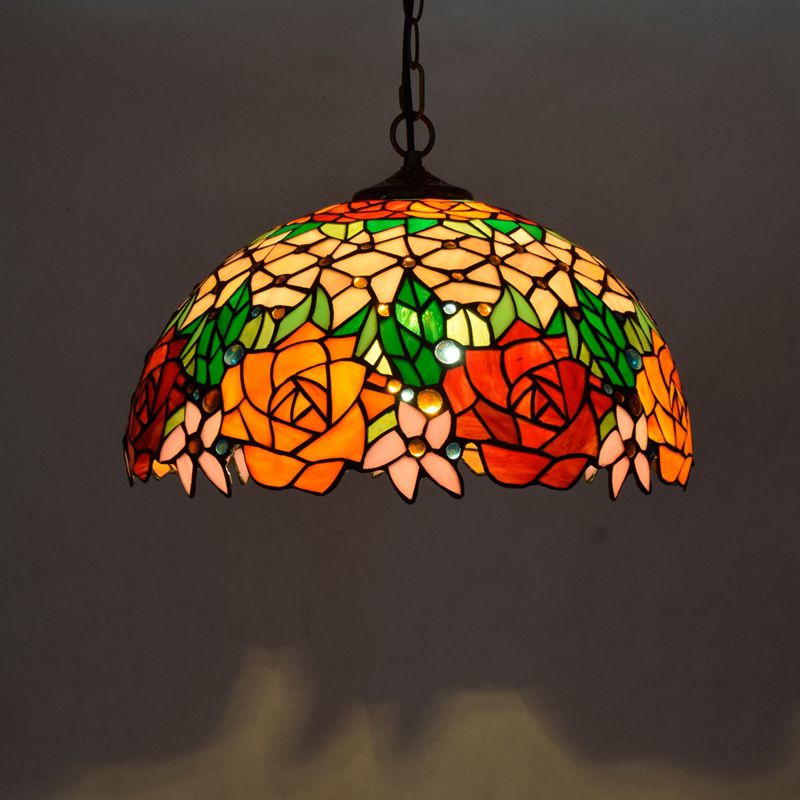 Tiffany-Style Dome Ceiling Light 1-Light Stained Glass Hanging Pendant Light for Restaurant