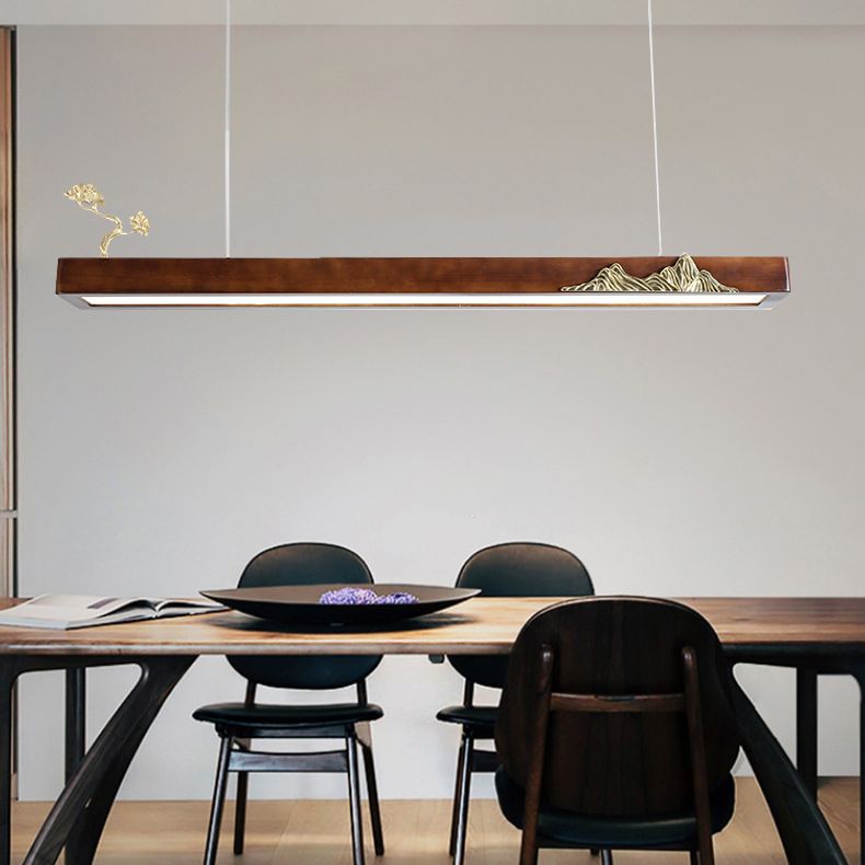 Nueva lámpara de lámpara de madera moderna colgante de isla LED lineal para casa de té