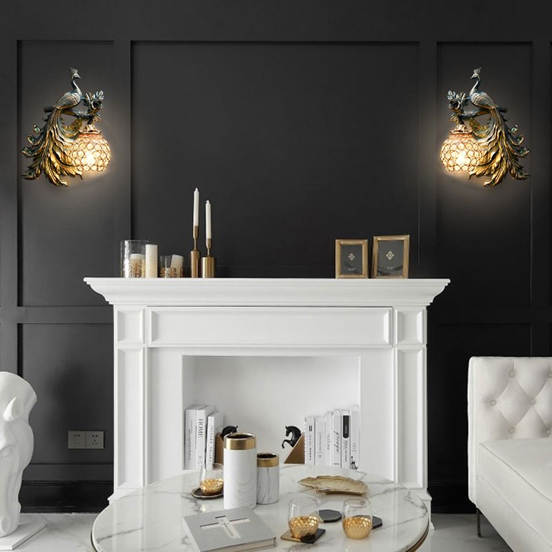 Éclairage mural de paon country Résine de bronze 1 Corridor léger Corridor Murce Lampe avec ombre à dôme en cristal clair, gauche / droite