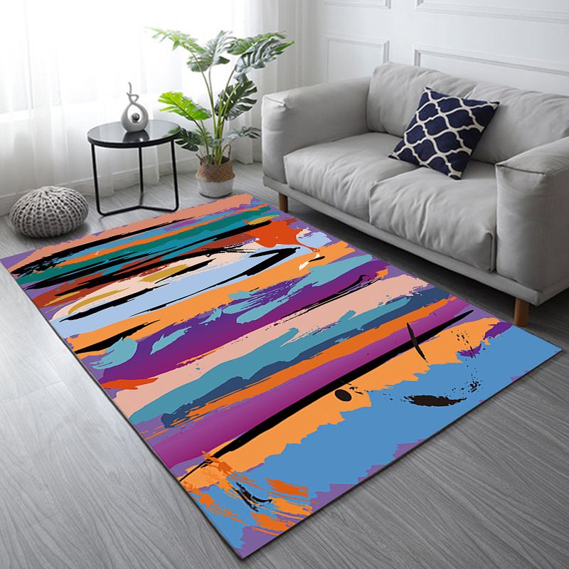 Purple Bedroom Rug Modern Abstract Painting Pattern Area Rug Polyester Non-Slip Stain-Resistant Carpet