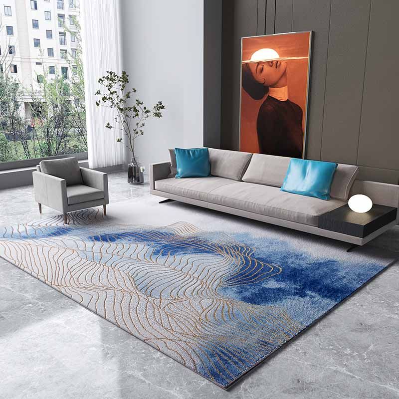 Blue Modern Area Rug Abstract Pattern Polyester Area Carpet Easy Care Washable Rug for Home Decor