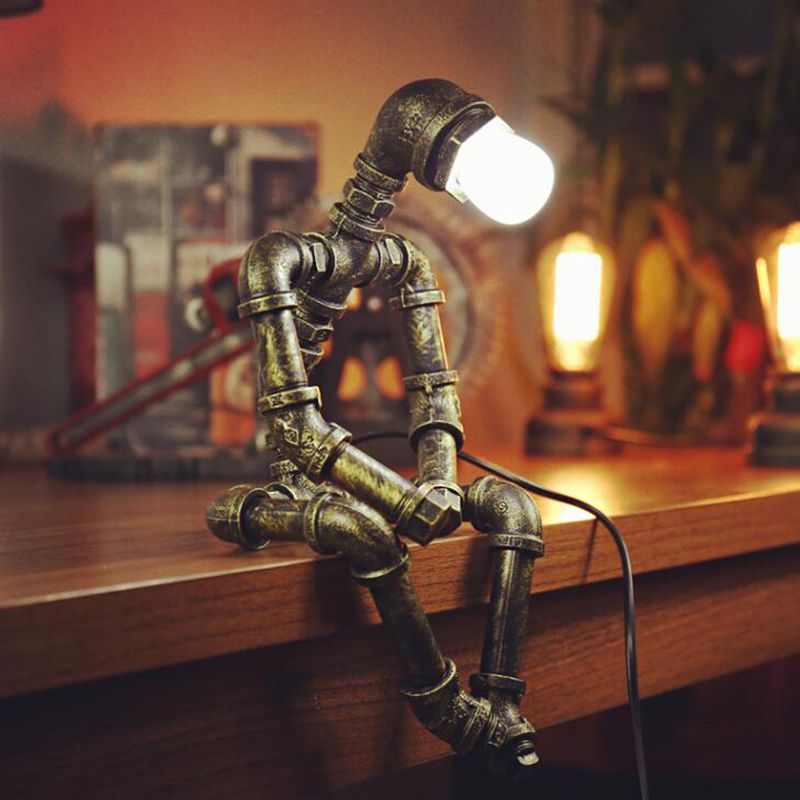 Antique robot in bronzo seduta illuminazione da tavolo in stile industriale 1 luce da letto leggera leggera con tubo