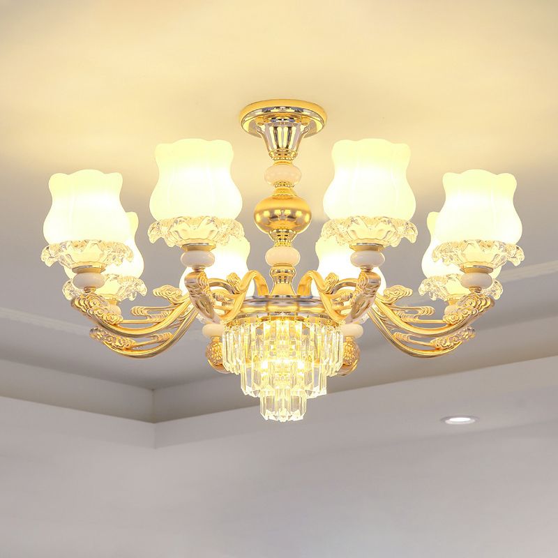 Gold Chandelier Light Retro Opal Glass Bud Pendant Light Fixture with Tiered Crystal Decor