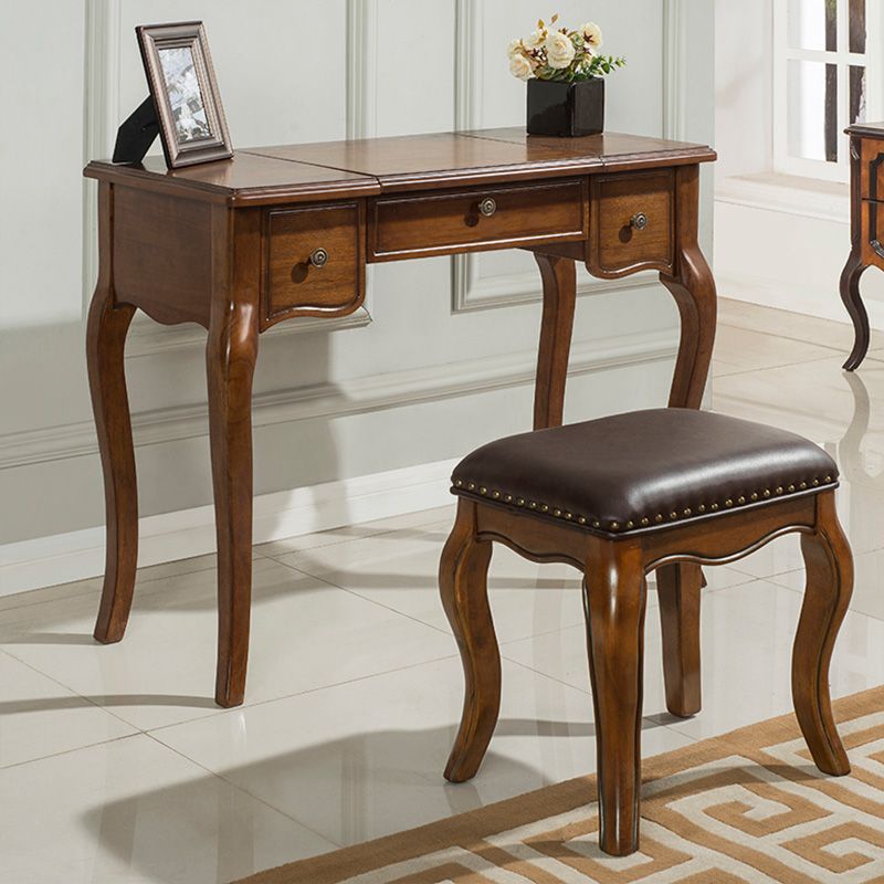 Traditional Standing Espresso Solid Wood 3 Drawer Mirror Bedroom Dressing Table