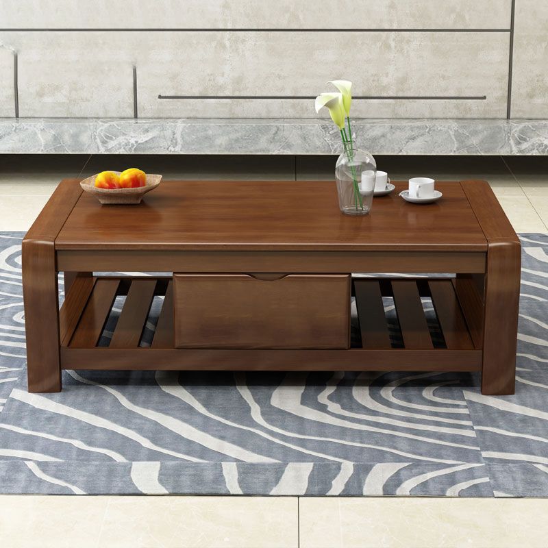 Rectangular 4 Legs Base Solid Wood Table Nordic Style Coffee Table with Drawers