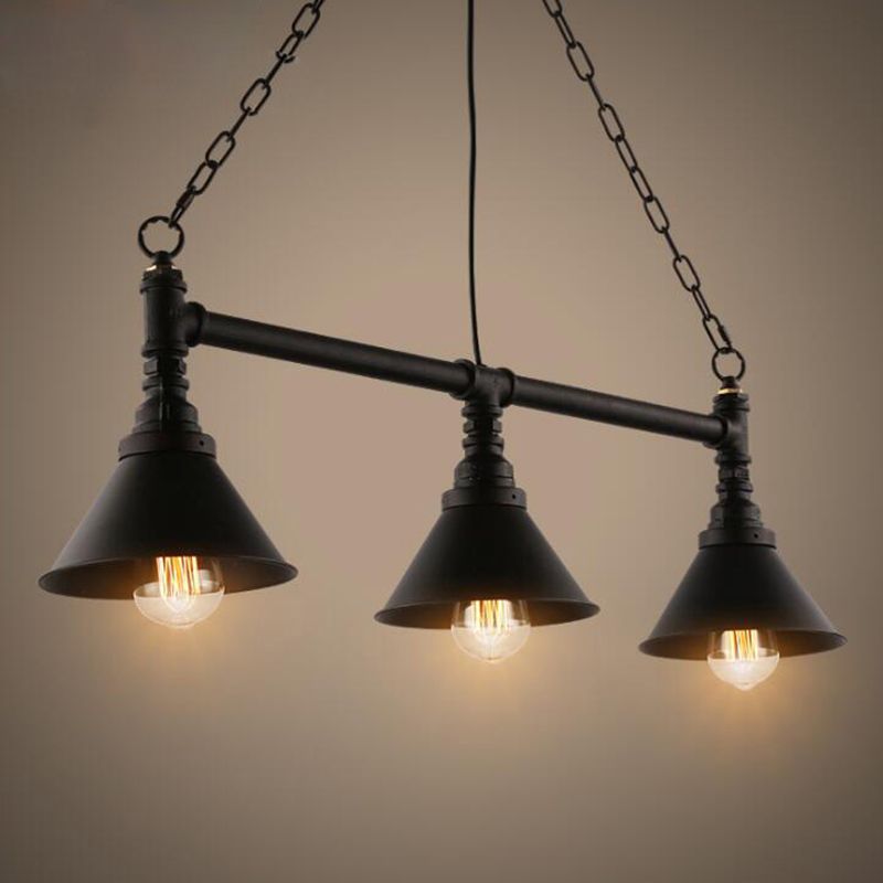 Industrial Cone Island Pendant Light 3-Light Wrought Iron Hanging Lamp Kit in Black for Dining Room