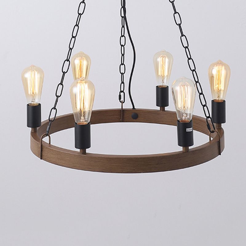 Antique Wood Hanging Pendant Lights Industrial 6-Lights Hanging Lights for Bar