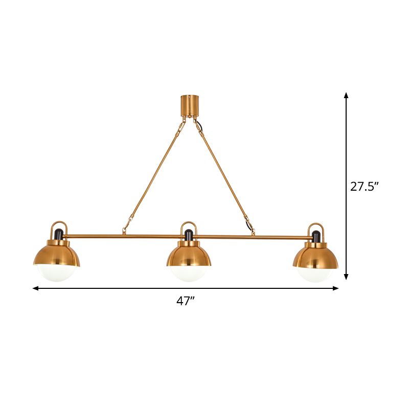 Brass Linear Chandelier Pendant Light Modernist 3 Bulbs Metallic Hanging Lamp Kit with Orb Opal Glass Shade