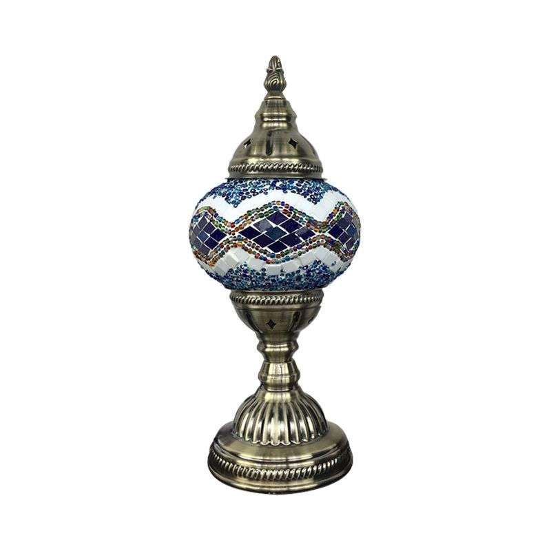 Single Night Stand Light Turkish Bedroom Table Lamp with Spherical Yellow/Red/Blue Glass Shade in Bronze