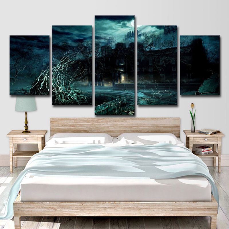 Stormy Night Castle Canvas Art Kids Dreary Fantasy Wall Decor in Green for Living Room