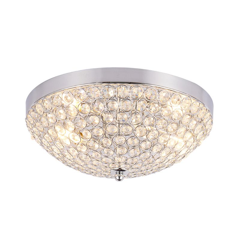 2 Bulbs Ring Mesh Grid Flush Mount Light Modern Clear Crystal Beads Close to Ceiling Lamp