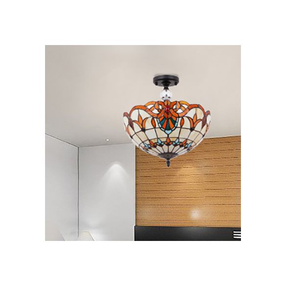 12 "/16" W Scalloped Semi-Flush Light Traditional Tiffany Stained Glass Ceiling Lamp with Leaf / Victorian / Circle Pattern in Bronze for Foyer
