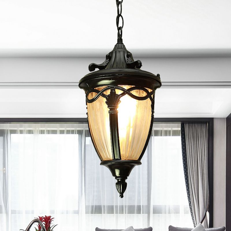 Country Pinecone Ceiling Light 1 Head Clear Ribbed Glass Suspension Pendant Lamp in Black/Brass