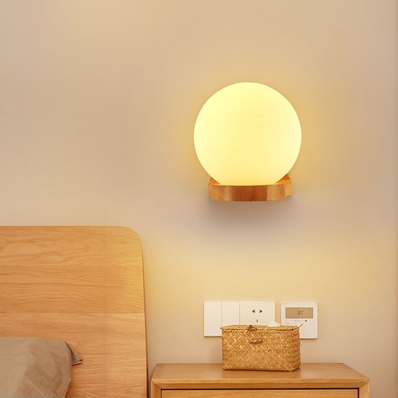 5.5" H Single Bulb Simplicity Wall Mount Light Nordic Style Glass Globe Sconce Light with Solid Wood Base