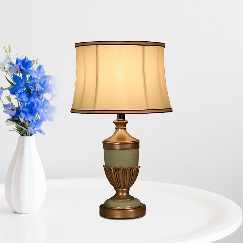 Vintage Drum Shaped Desk Lighting 1 Head Fabric Night Table Lamp with Black/Brown/Green Pot Base