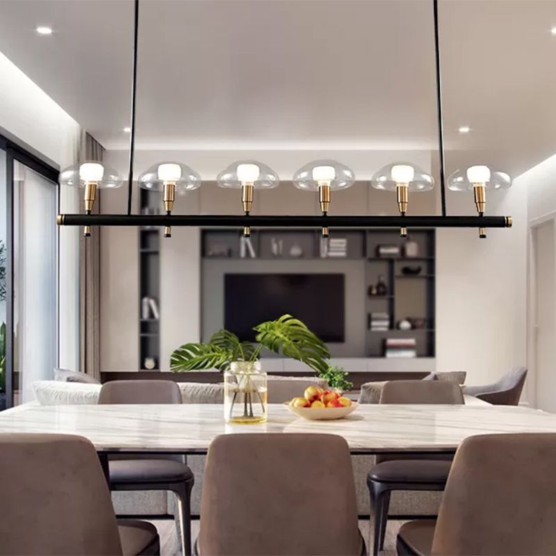 Clear Shade Mushroom Linear Pendant 4/6 Lights Glass Island Lighting in Black for Restaurant