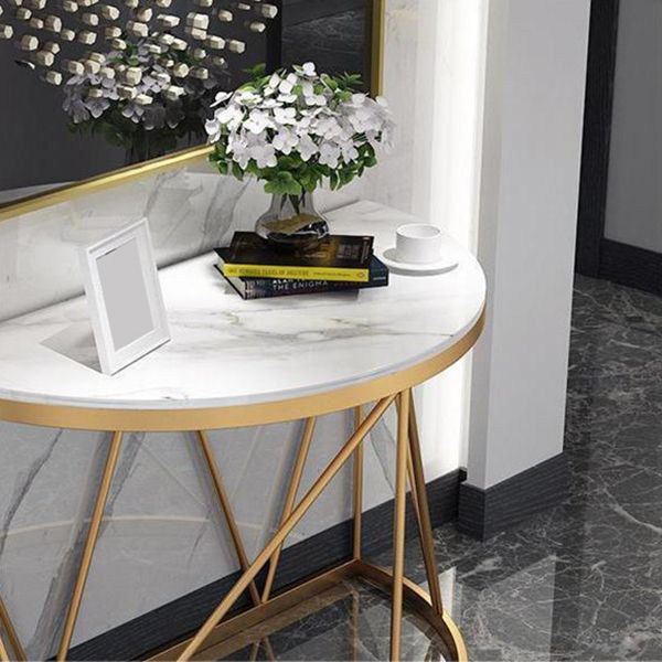 Contemporary Marble Console Sofa Table Half Moon Iron End Table for Hall