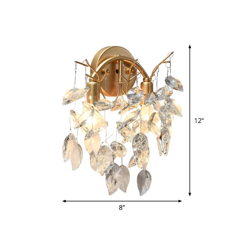 Faceted Crystal Leaf Wall Lamp Contemporary 2 Bulbs Living Room Wall Mounted Light in Gold