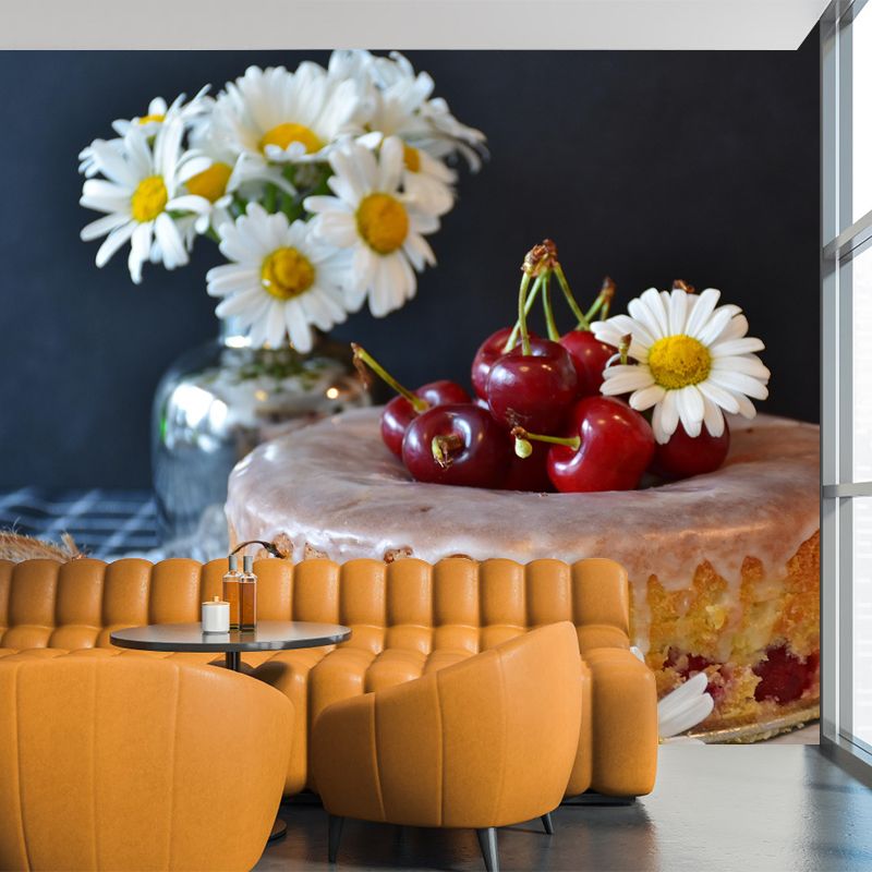 Customized Dessert Wall Mural with Cherry Cake Pattern Mildew Resistant Wallpaper Commerce Shop