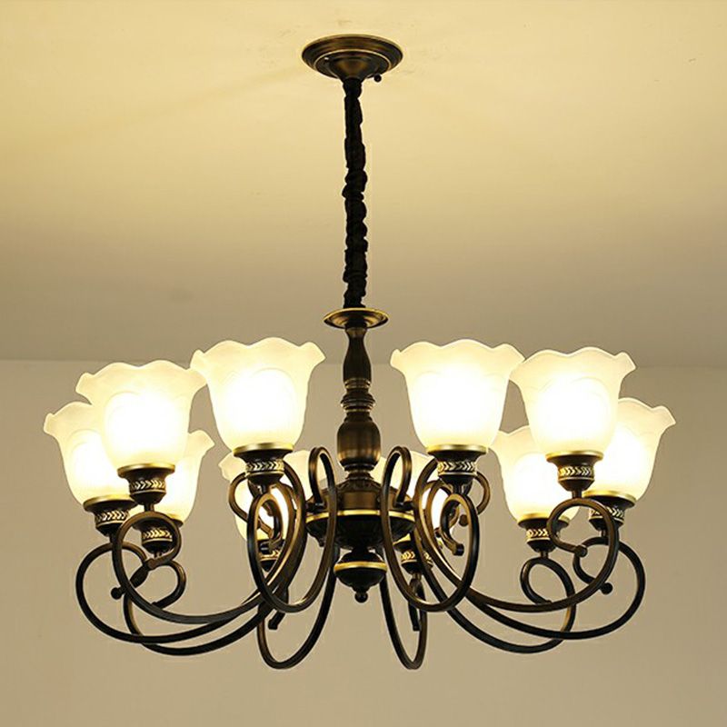 Rustic Bell Shade Suspension Light White Glass Chandelier Light with Ruffle Trim for Dining Room
