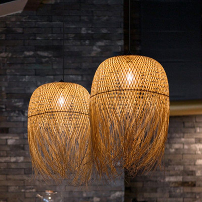 Beige Hand-Woven Pendant Asia Art Deco 1 Bulb Bamboo Hanging Light for Dining Table