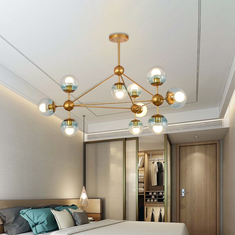 Gradient Blue Glass Ball Pendant Lamp Contemporary 10-Head Gold Chandelier Lighting for Bedroom