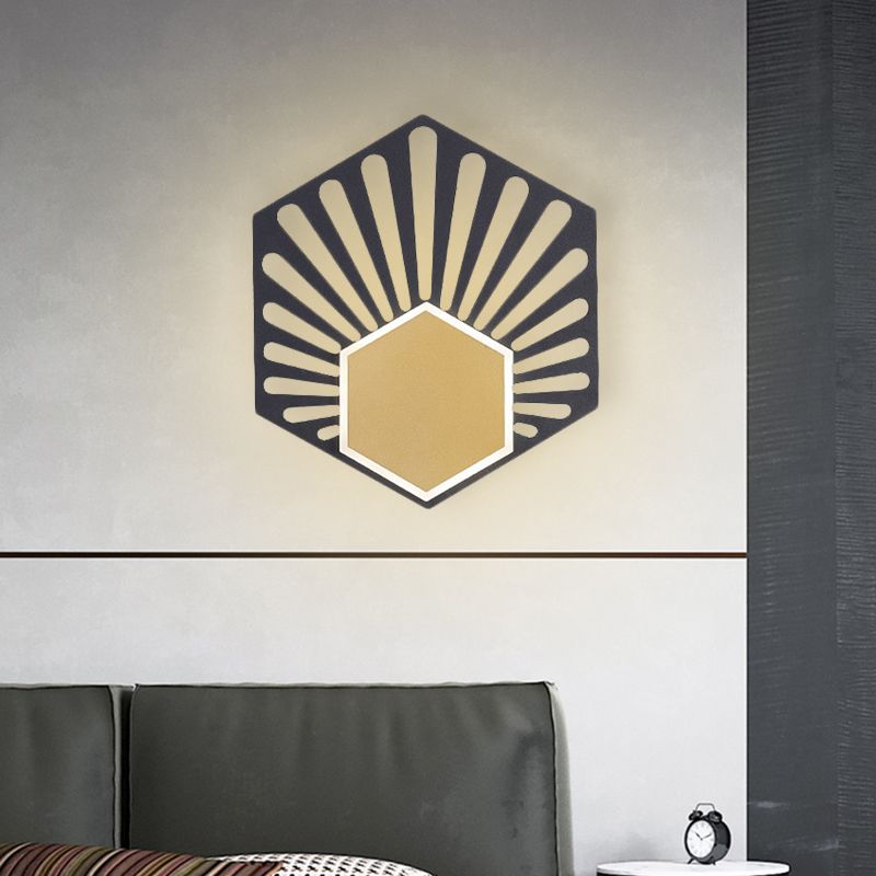 Hexagon Wall Mounted Light Modernist Metallic LED Bedside Sconce Lamp in Black with Fan Design, 8"/10" Wide