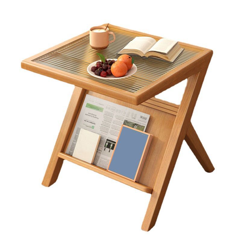 Modernistic Solid Wood X-base End Slide Table Geometric Glass Top End Table