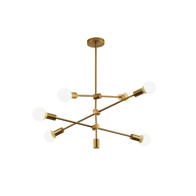 Gold Tiered Rod Adjustable Semi Flush Postmodernism 6-Light Iron Ceiling Mount Light with Open Bulb Design