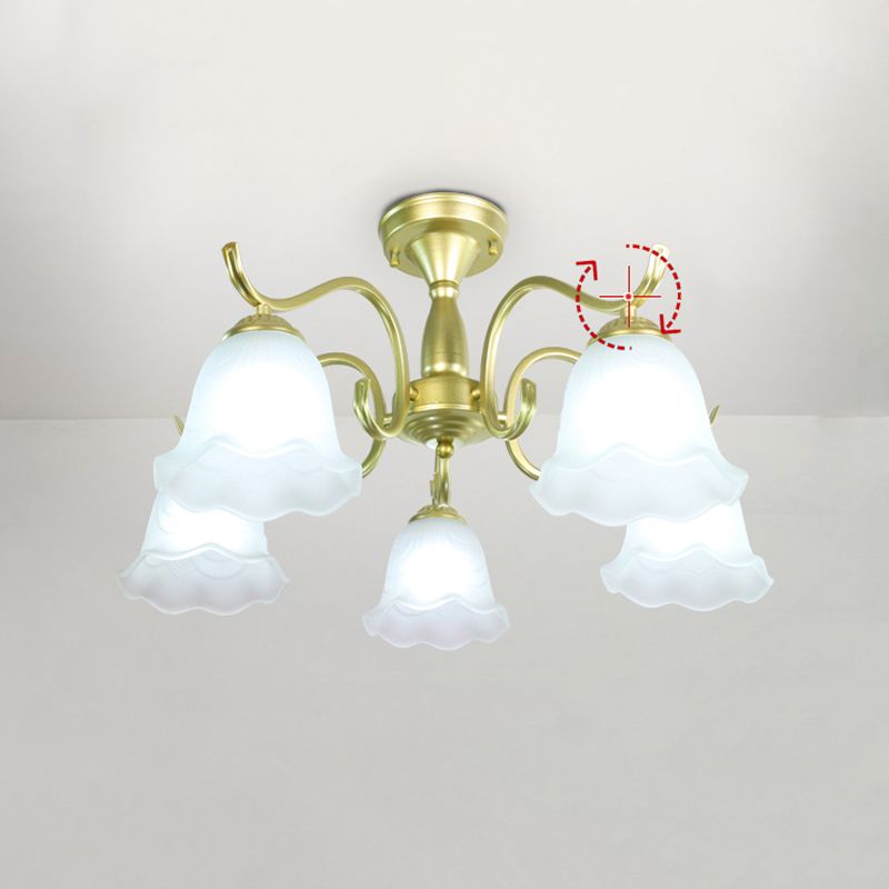 Gold Semi Flush Lamp Traditional Multi-Head Bedroom Ceiling Lighting with Glass Shade