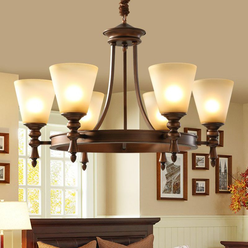 Coffee Chandelier Pendant Light Vintage Frost Glass Conical Shade Hanging Light for Living Room
