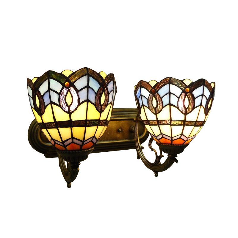 Vintage Bowl Wall Fixture Light Stained Glass 2 Lights Wall Sconce Lamp Fixture for Bedroom Lighting