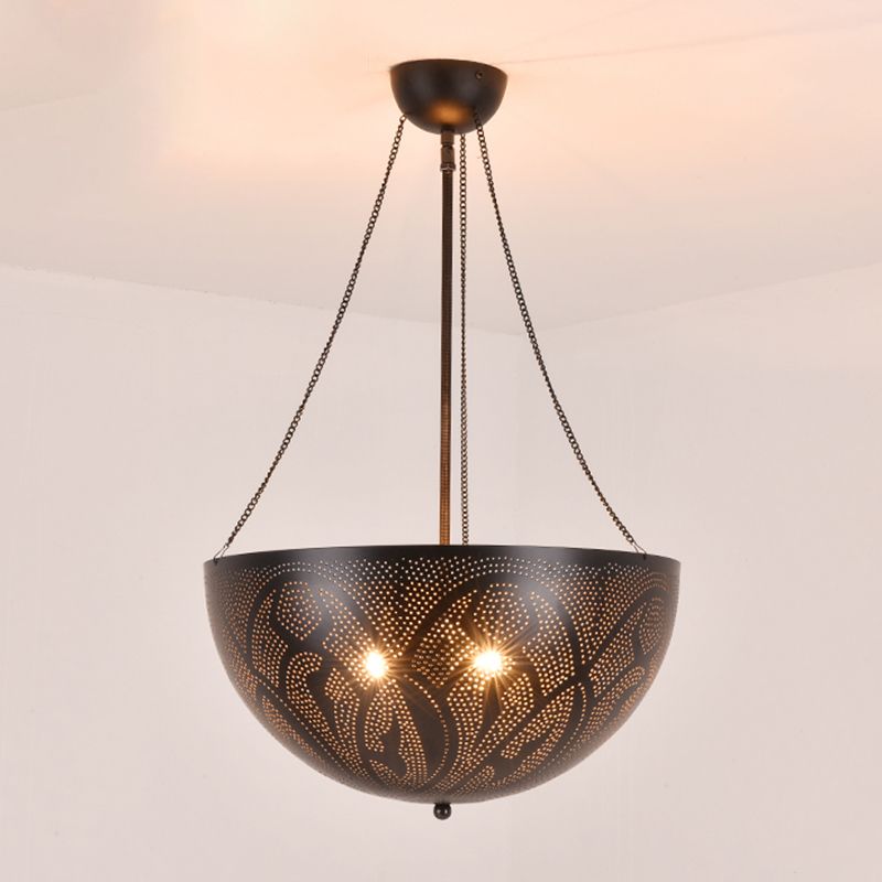 Bowl Restaurant Chandelier Vintage Metal 3-Light Black Hanging Ceiling Lamp with Hollow-Out Spot/Circle/Flower Pattern