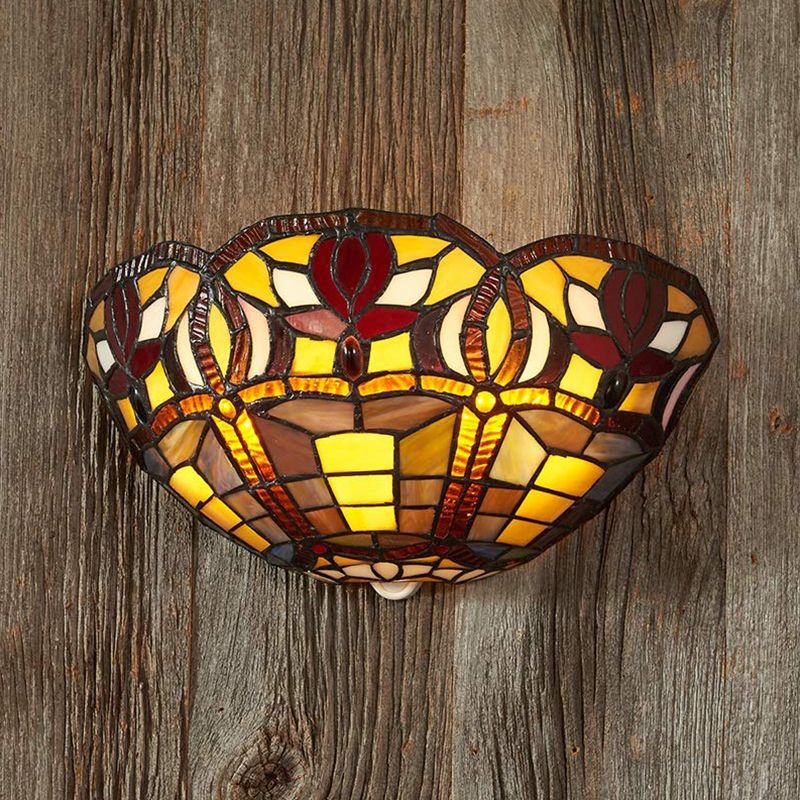 Art Glass Bowl Wall Lighting Rustic Tiffany 1 Light Wall Sconce Lamp in Red Brown for Corridor