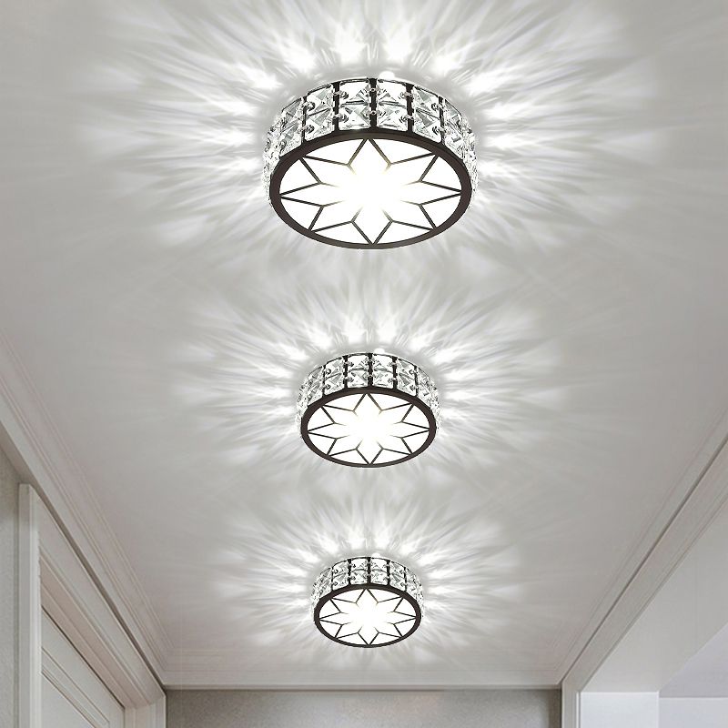 Metal Round LED Ceiling Spotlight Minimalist Black Flush Mount Lighting with Inserted Crystals