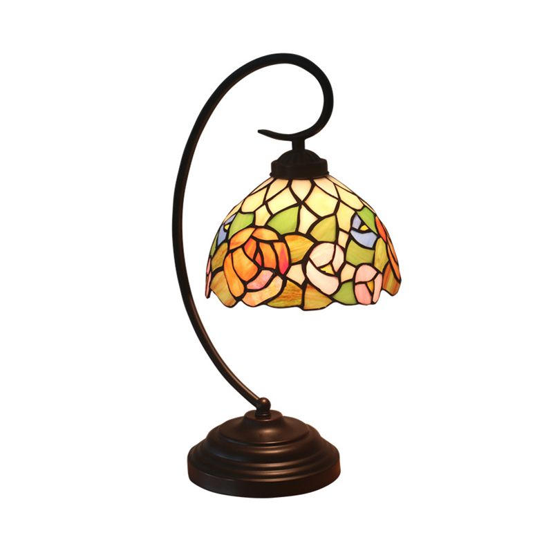 Bronze Curvy Night Light Baroque 1 Head Metal Red/Pink Rose/Tulip Patterned Desk Lighting with Bowl Cut Glass Shade